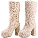 JilTrdWei Mid Calf Furry Boots for Women, Fluffy Platform Boots with Chunky High Heel, Warm Faux Fur Winter Fashion Boots with Side Zipper, Statement Teddy Boots for Fall Winter Festivals-beige-9
