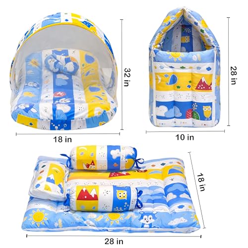 Image of Fareto Combo of Baby Bed with Net | Carry Bag | 4 Pcs Bedding Set (0-6 Months, Baby Size, Cotton) (Blue Fox)