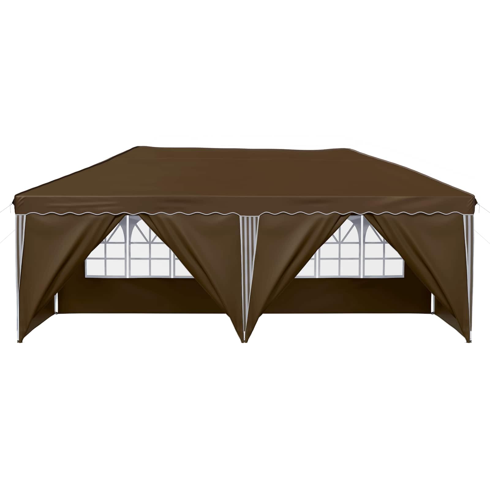 Pop-up namiot imprezowy w kolorze taupe, 575 x 288 x 245 cm, z malowaną proszkowo stalową ramą, 3-stopniowa regulacja wysokości, odporny na warunki atmosferyczne, składany i składany, do