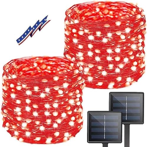 Solar String Lights Outdoor, 2-Pack Total 80FT 200 LED Solar Christmas Twinkle Lights Outside Waterproof Copper Wire 8 Modes Solar Fairy Lights for Garden Tree Party Birthday Christmas Decor (Red)