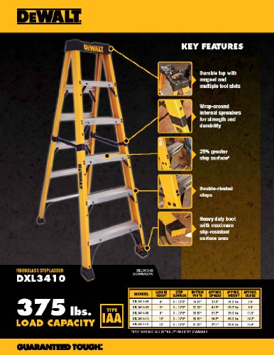 DeWalt DXL3410-04 4-Feet Fiberglass Stepladder Type IAA with 375-Pound Duty Rating, 4-Feet