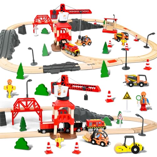 FORMIZON 87 Peças Pistas de Trem de Madeira, Trilho de Trem de Madeira com Trem Elétrico e Carro de Bombeiros, Trem de Brinquedo Presentes de Aniversário e Natal para Crianças, Compatível com as