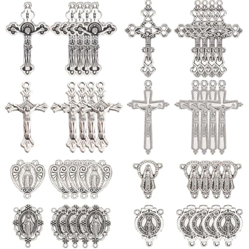 SUNNYCLUE 1 Box 48pcs 8 styles Easter Rosary Charms Metal Rosary Crucifix Bulk Assorted Tibetan Style Alloy Antique Silver Chandelier Link Connector Charm Pendants Bulk for Jewelry Making Women Adults