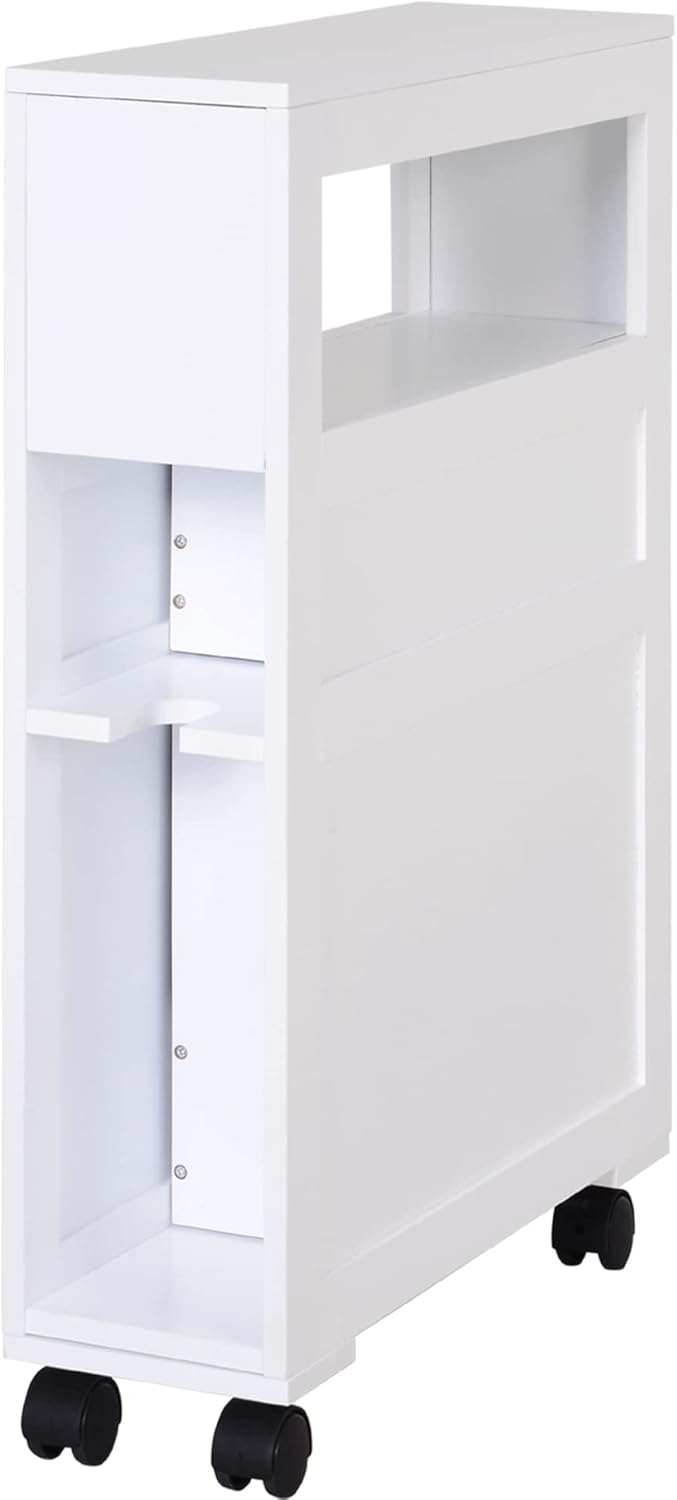 HOMCOM 6.25" x 20.5" x 28.25" Wood Rolling Narrow Bathroom Side Storage Cabinet - White