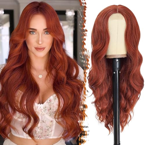 BARSDAR Lange Kupfer Auburn Perücke für Frauen 66cm Lange Wellig Mittelscheitel Perücke Natürliche Synthetische Hitzebeständig Haar Replacement Perücke Tägliche Party - Kupfer Auburn