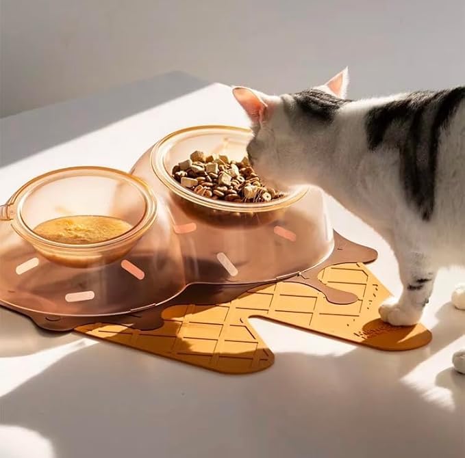 AMPLIN 1pc Ice Cream Cat Bowl Tilt High Foot Neck Protection Double Bowl Drinking Pet Supplies Pet Bowl No-Spill Water Cup for Indoor Cats and Dogs-Ice Cream Planet || Pack of 1
