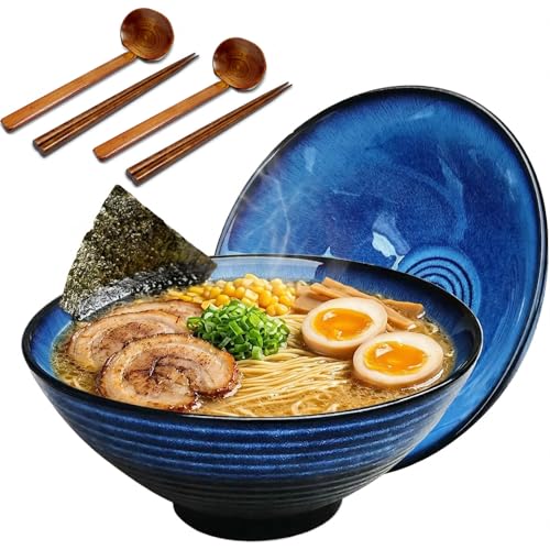 Image of NJCHARMS Ceramic Ramen Bowl Set of 2, 42 oz Japanese Noodle Soup Bowls with Spoons and Chopsticks for Ramen Soup Pho Udon Asian Noodles, Large Noodle Bowls(Blue)