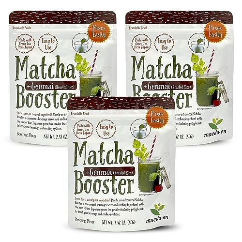 MAEDA-EN Matcha Booster Genmai Roasted Rice Green Tea Powder 240g 3 Pack Japanese Origin Resealable Pouch for Latte Smoothies and Baking 27141 3pk