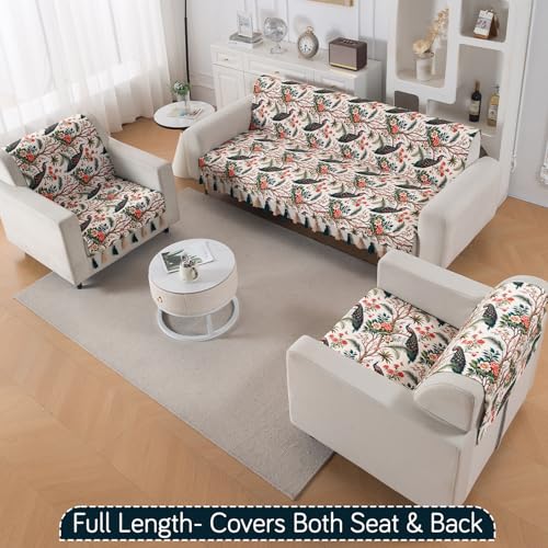 Image of HOKIPO Printed Holland Velvet Sofa Cover 5 Seater Set - 3+1+1 Sofa Cover with Tassel | Full Protection for Sofa Seat and Back | 'Whispers of Nature' | Multicolor Tropical Peacock (IN-1127+1125-D1*2)