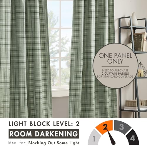 Image of Madison Park Anaheim Cabin Plaid Curtain Window, Thermal Insulated Fleece Lining, Living Room Decor Room Darkening Drape for Bedroom, 1-Single Panel Pack, 50x84 Faux Leather Tab Top, Green