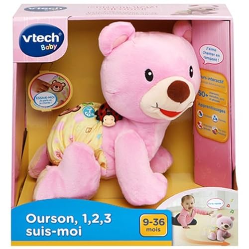 VTech - Ourson, 1,2,3 suis-Moi, Ours Rose en Peluche Qui Marche à 4 Pattes, Motricité Bébé, Jouet Interactif et Musical, Cadeau Bébé Dès 9 Mois -...