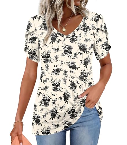 Image of CATHY 2026 Women Tops Summer Short Sleeve Tunic V Neck T-Shirts Loose Casual Floral Blouse S-4XL