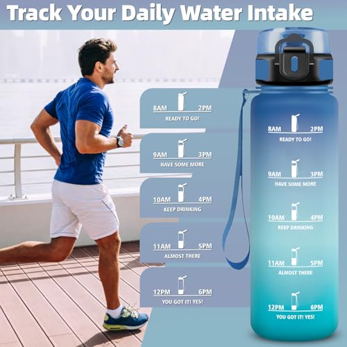 Trinkflasche 1l, Trinkflasche Sport, Wasserflasche Auslaufsicher, Wasserflasche mit Zeitmarkierung, Leicht zu Tragen und zu Reinigen, Flasche für Fitness, Schule, Büro, Jugendliche, Erwachsene, Gym