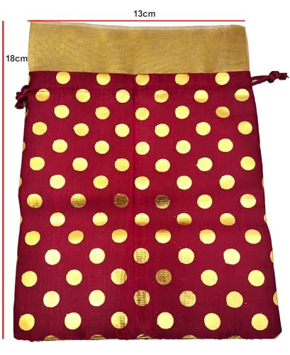 Image of 13CM X 18CM Small Drawstring Bags Pouches Potli for Gift Wedding Jewelry Packaging Bridal Party Favors for Women (25 pc Pack, Red Color Golden Polka Dot)
