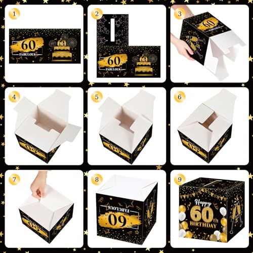 Image of Funrous 60th Birthday Party Message Card Box Cheers to 60 Years Black Gold Advice and Wishes Greeting Card Box for Men Women Birthday Decorations Party Supplies Anniversary Tables Sign Decor