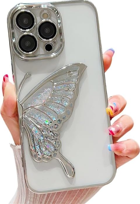 Image of Peeperly Back Cover Case for iPhone 14 Pro Max Scratch Resistant Anti-Slip TPU Shockproof Protective Durable Glowing Butterfly Transparent Case for Girls & Women(Silver)