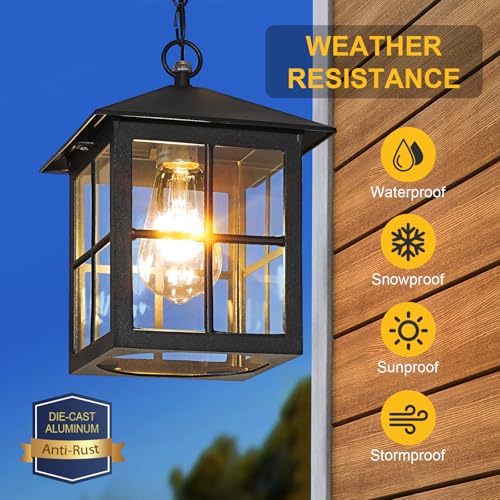 Black Outdoor Pendant Light, Porch Doorway Hallway Exterior Hanging Lights with Adjustable Chain Waterproof Outside Hanging Lantern Fixture Indoor Home Dinning Room Kitchen Island (Black, 2 Pack)