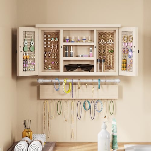 X-cosrack Rustic Hanging Jewelry Organizer,Wall Mounted Mesh Jewelry Holder,for Necklaces,Earings, Bracelets,Ring Holder,with Removable Bracelet Rod,Hooks,Wooden Barndoor Decor