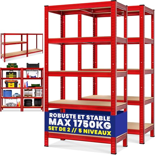 Monzana® 2X Étagères Charge Lourde Rouge 5 Niveaux 180x90x40cm Étagère métallique Max 875kg Rangement Garage Atelier