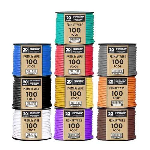 Cablectric 20 Gauge Primary Automotive Wire Assortment - 10 Roll Assortment Pack - 100 Ft of Copper Clad Aluminum Wires per Roll, 20 Gauge Stranded Copper Clad Aluminium Auto Cable