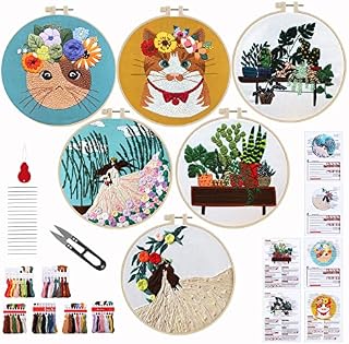 Nynkyon 6 Pack Embroidery Starters Kit for Adults Beginners, Full Range Stamped Embroidery Set with Cat or Plant Pattern. Including Embroidered Cloth ,Colored Threads, Needles, Hoops and Instructions