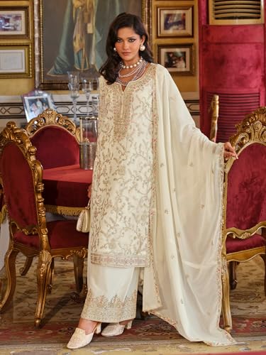 Image of INDO ERA Women's Chinon Ethnic Motifs Embroidered Straight Kurta & Palazzo with Dupatta Set (IEOUT11705)