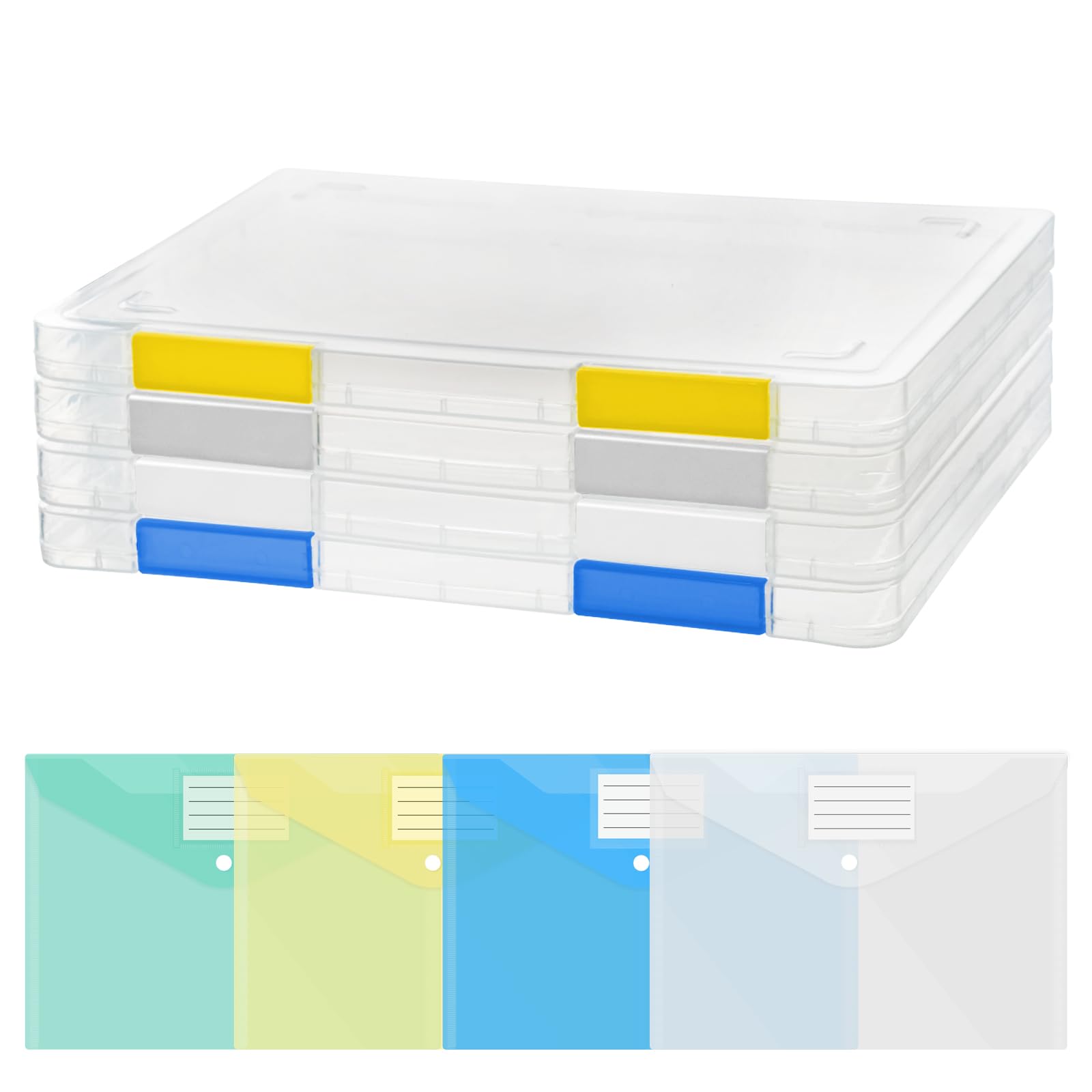 8 PCS A4 Storage Boxes with lids and Plastic Wallets A4 with Tab, Transparent Waterproof Paper Storage Case with Buckle, Plastic Portable Box Files A4 for Documents Letters Magazine Photo Book