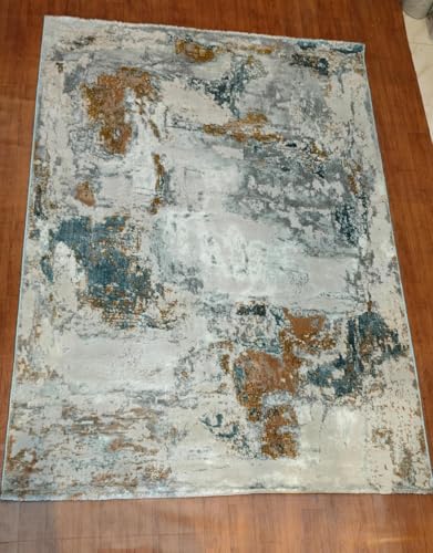 Image of 6x9 Feet (180x270 CM) Carpet for Living Room Hall & Bedroom - Ivory Blue Modern Abstract Geometric Silk-Touch Luxury Hotel-Style Washable Anti-Skid Turkish Area Rug