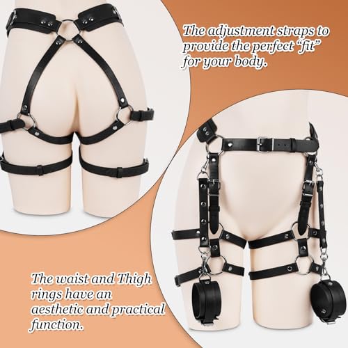 BDSM Bondage Taille Bein Harness Sex Fesseln Set, Leder Sexy Oberschenkel Harness für Frauen Sex, Verstellbaren Sexspielzeug mit Handschellen für Paare