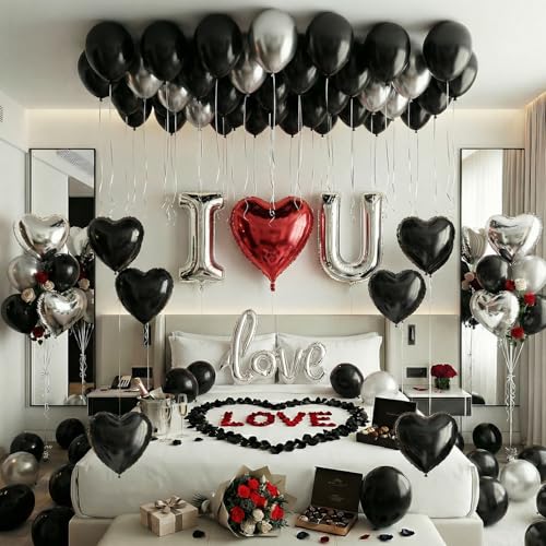Black Silver Romantic Special Night Decorations with I Love You and Heart Balloons & 600 Rose Petals for Anniversary Valentine Day Bedroom Hotel Room Birthday Decorations for Him