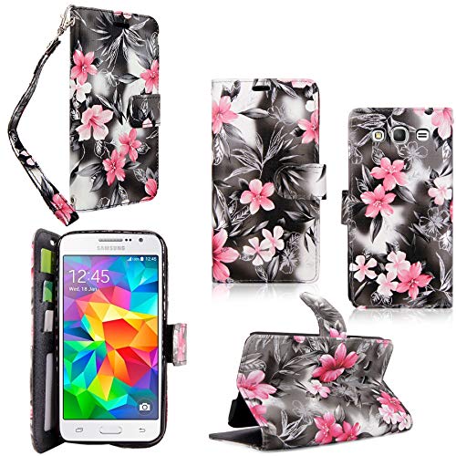 Cellularvilla Core Prime/Prevail LTE Case, [Stand Feature] Wallet Case Premium Pu Leather Flip Cover [3 Card Slots] for Samsung Galaxy Core Prime/Galaxy Prevail LTE (SM-G360) (Black Pink Flower)