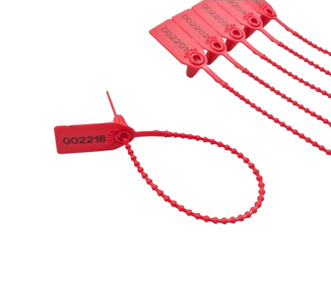 Pack of 100 Red Plastic Safety Seals, Numbered Ties for Suitcase Boxes, 25 cm (Red, 100 Units), 100 Unidades