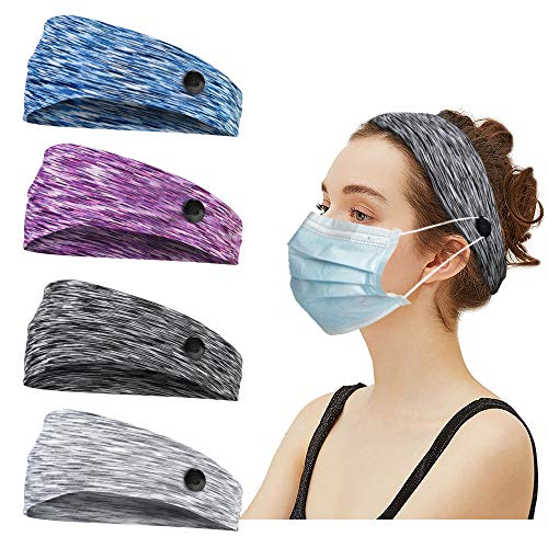 4 Pack Workout Headbands with Buttons for Mask Nurse Headbands for Women Fashion Yoga Non Slip Moisture Wicking Soft Elastic Ear Protection Headband for Sports Running Working