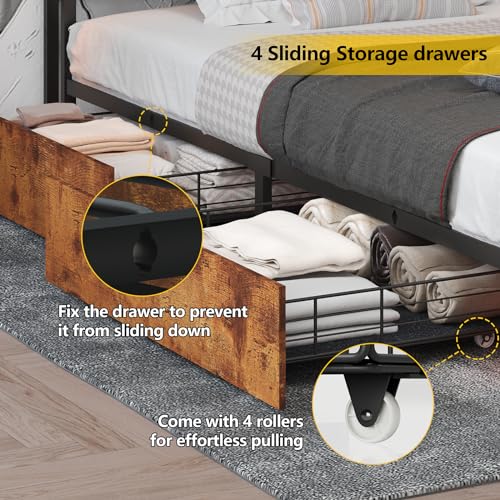 Queen Bed Frame with 4 storage drawers,charging station, LED headboard&footboard with 3-Tier storage shelves, steel slated support, Noise-Free, No Box Spring Needed,1100Lb capacity, Vintage Brown - Thumbnail 7