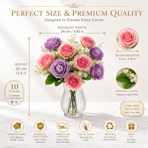 Image of Divyakosh Artificial Flowers Bunch (Vase Not Included). Artificial Flower for Vase Flower Bouquet Gift Lavender & Coral Peach Peony Bouquet for Living Room Office Dining Table Centerpiece