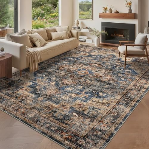 Image of Washable Vintage Living Room Area Rug 160x230cm Vintage Machine Washable Area Rug for Living Room Indoor Large Non-Slip Bedroom Carpet Low Pile Stain Resistant Dining Room Carpet Blue&Brown