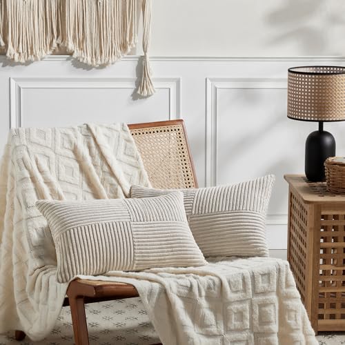 Image of Fancy Homi 2 Packs Neutral Taupe Lumbar Decorative Throw Pillow Covers 12x24 Inch for Living Room Couch Bed Sofa, Farmhouse Home Decor, Soft Striped Corduroy Rectangle Accent Cushion Case 30x60 cm