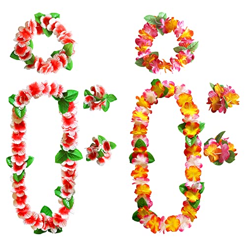 AWCIGG Ensemble de Colliers de Fleurs Hawaïennes avec Collier, Bandeau et Bracelet Hawaïens, Collier Hawaien avec Feuilles Vertes, Fournitures pour Fêtes D'été sur la Plage(Rouge Orange Rose)