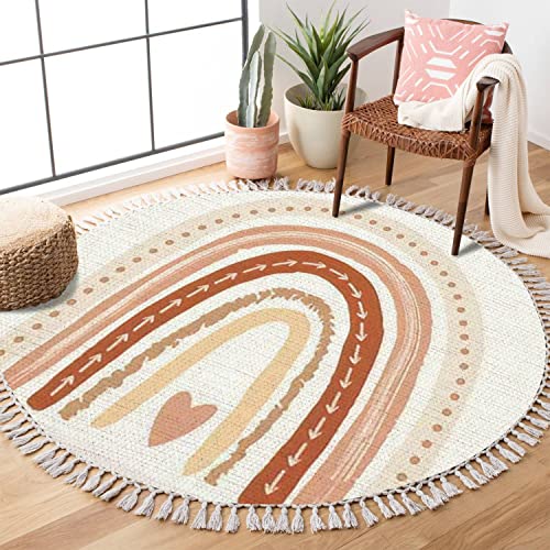 Dnewynpabv Round Rugs Scandinavian Nursery Print For Playroom With Neutral Boho Area Rug Linen And Cotton Carpet Meditation Rug Washable Hallway Runner Mat Accent Rug For Bedroom Bathroom 4Ft #TOP2