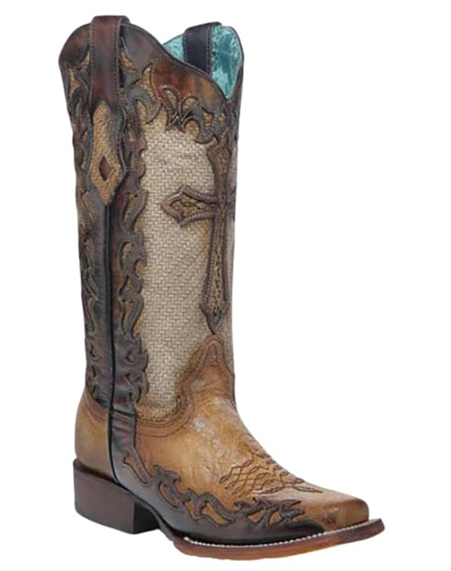 WOMENS CROSS OVERLAY SAND JUTE WIDE SQUARE TOE COWBOY BOOT