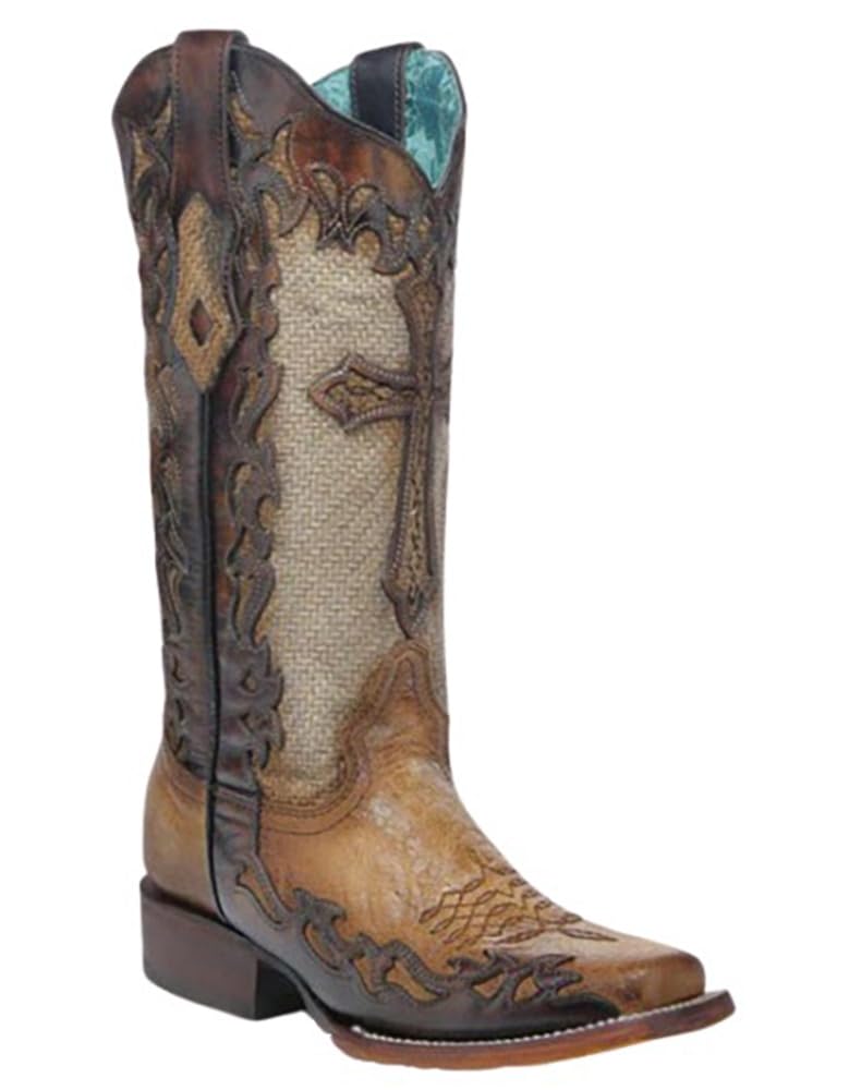 WOMENS CROSS OVERLAY SAND JUTE WIDE SQUARE TOE COWBOY BOOT