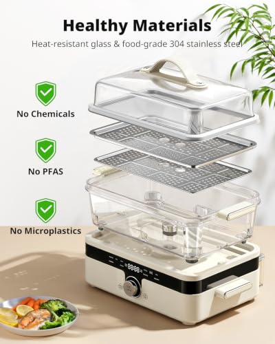 Image of AIRMSEN Glass Food Steamer for Cooking | 8.5QT 2-Tier & External Water Tank