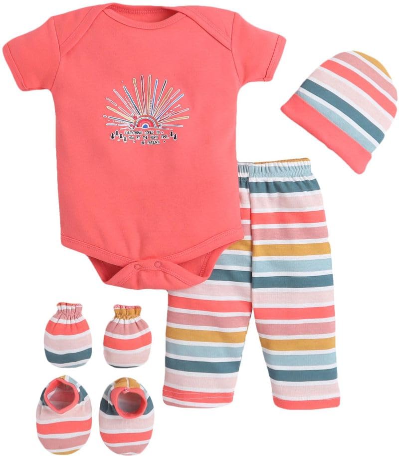 Image of EIO Newborn Baby Cotton Romper Set - Onesie Bodysuit, Cap, Pants & Booties with Mittens | Unisex Baby Clothing Combo for Boys & Girls