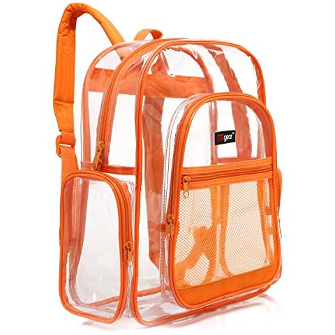 MGgear Clear School Backpack with Orange Trim, Transparent PVC Book Bag Cover