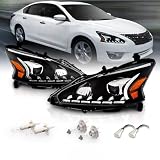 AmeriLite Projector Halogen Headlights LED Bar Style Set For 2013-2015 Nissan Altima 4 Door Sedan - Passenger and Driver Side, Vehicle Light Assembly, Black Housing