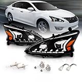 AmeriLite Projector Halogen Headlights LED Bar Style Set For 2013-2015 Nissan Altima 4 Door Sedan - Passenger and Driver Side, Vehicle Light Assembly, Black Housing