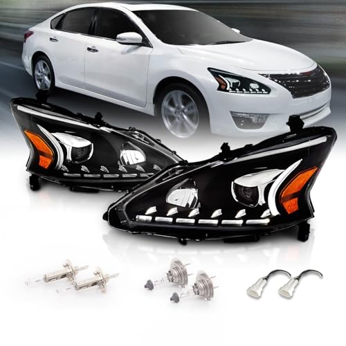 AmeriLite Projector Halogen Headlights LED Bar Style Set For 2013-2015 Nissan Altima 4 Door Sedan - Passenger and Driver Side, Vehicle Light Assembly, Black Housing