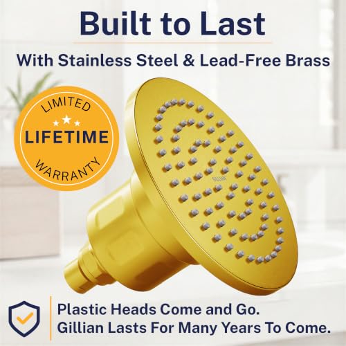 Image of Gillian Filtered Shower Head for Hard Water - High Pressure Metal Showerhead Filter For Hair and Skin with Genuine KDF-55 - Removes Toxic Chemicals, Chlorine and Heavy Metals, Brushed Gold