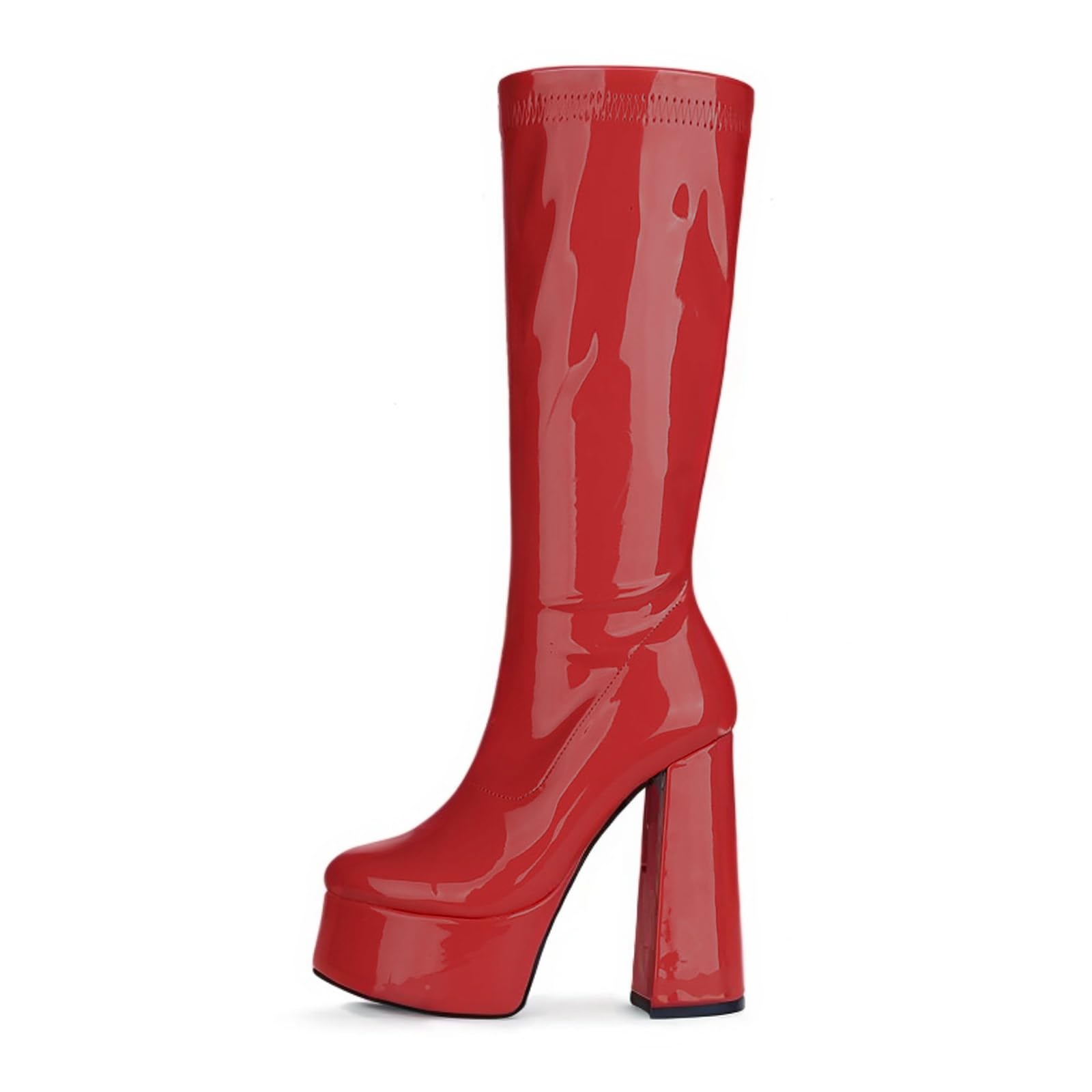chunky heel Black White Red yellow knee high boots Platform Stretch boots Round toe Side zipper Sexy Super