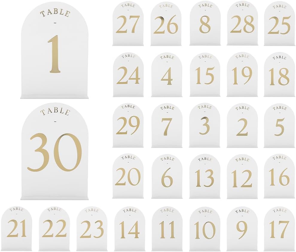 FRANDEK Frosted Arch Wedding Table Numbers 1-30 Set, Gold Foil Printed 5x7 Acrylic Table Signs with Holders, Elegant Centerpiece Numbers for Wedding Reception, Anniversary, Party Decor